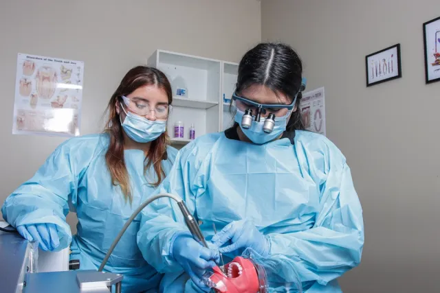 Two students practicing clinical restorative procedures at the operatory.