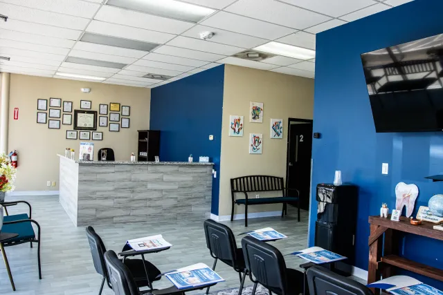 Reception and lobby area at the Global Dental Elites training facility in Houston.